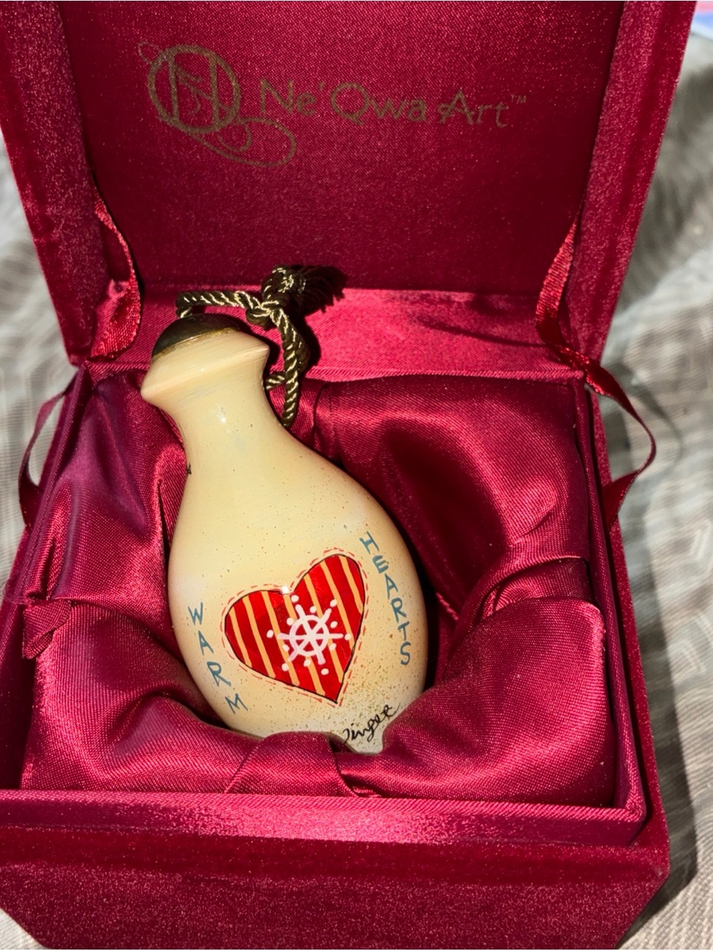 Warm Hearts Cream Ornament in Red Heart Design Ne’ Qwa Art